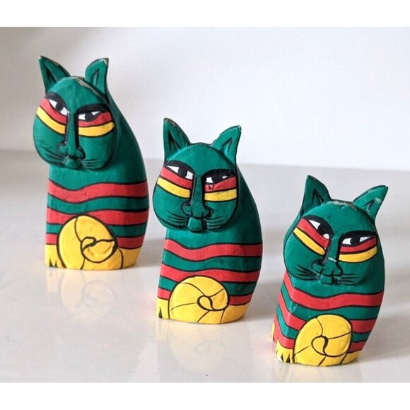 VTG Lot Of 3 Cat Figurines Wood Hand Made Hand Painted Laurel Burch Style Small - Picture 1 of 8